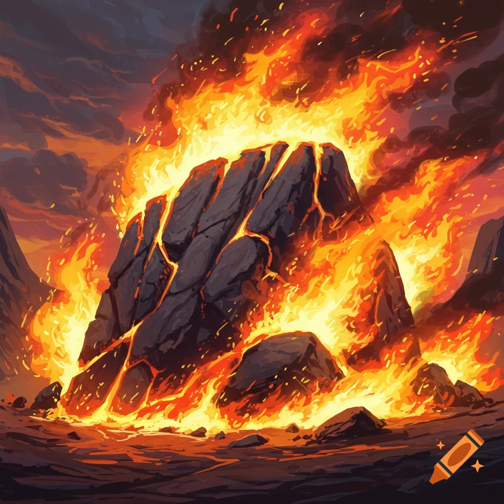 A large rock engulfed in fire under a cloudy sky.