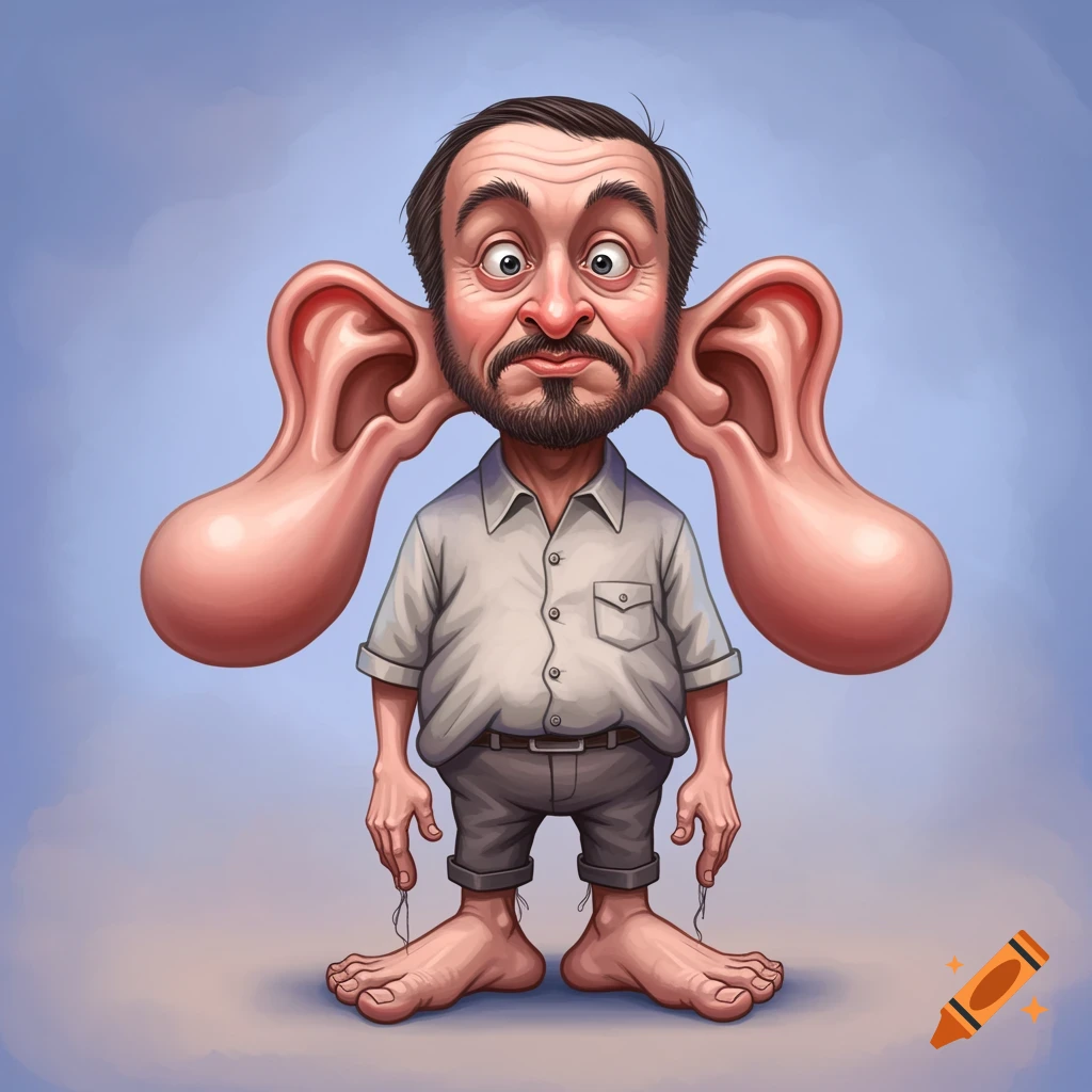 A surreal caricature of a man with giant earlobes and deflated feet.