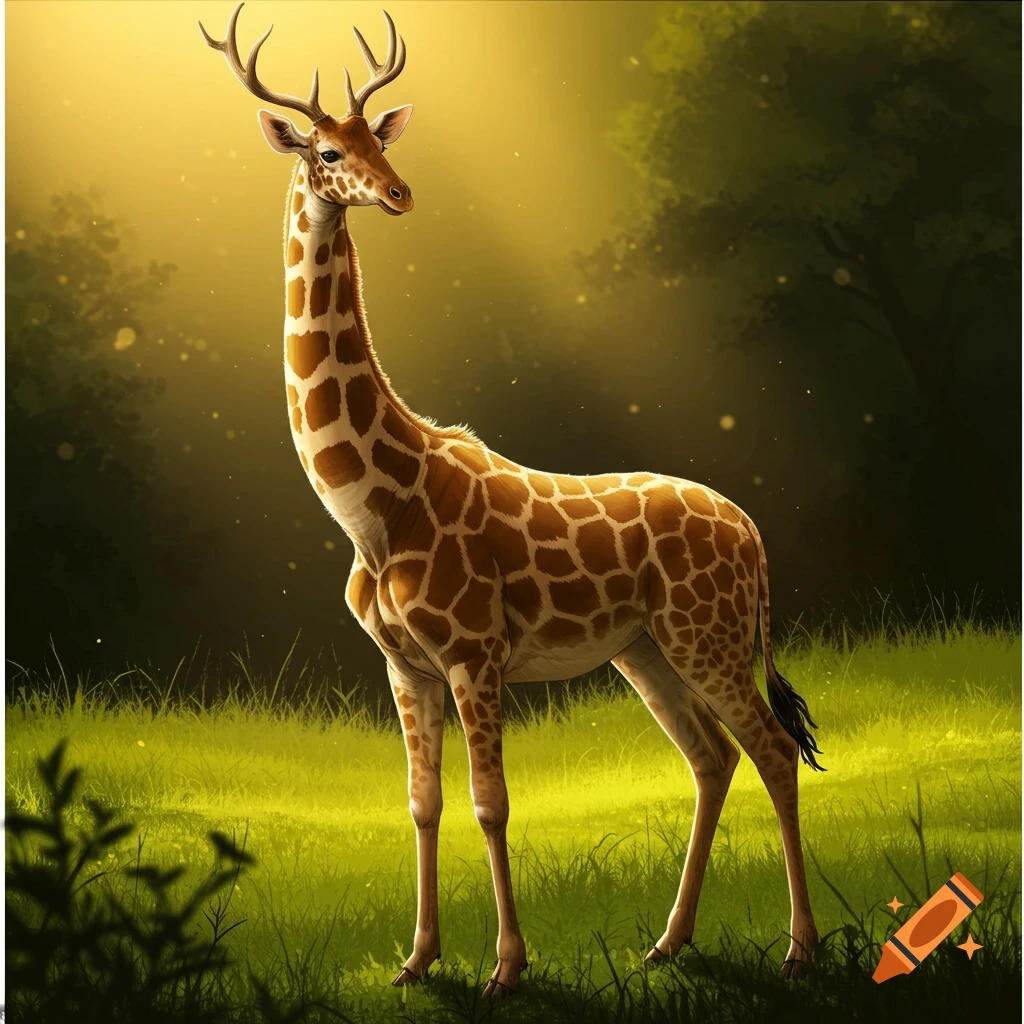 A giraffe with deer antlers stands in a sunlit forest clearing.