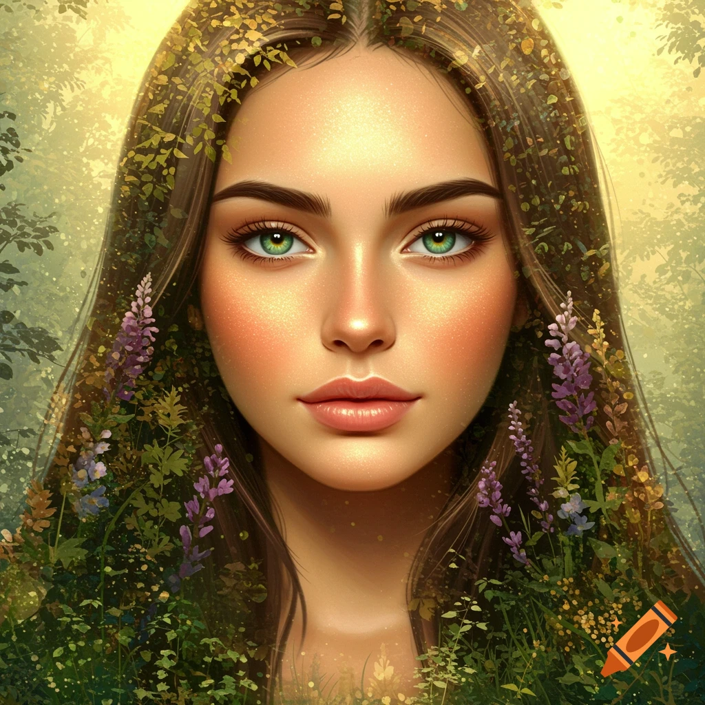 A woman's face is integrated with nature, flowers, and leaves in a dreamy style.