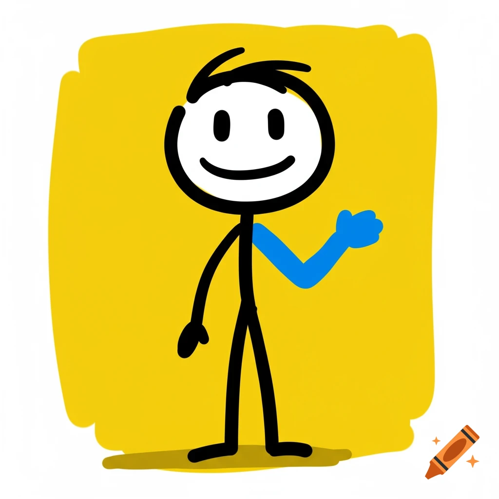 A stick figure with a blue arm stands on a yellow background.