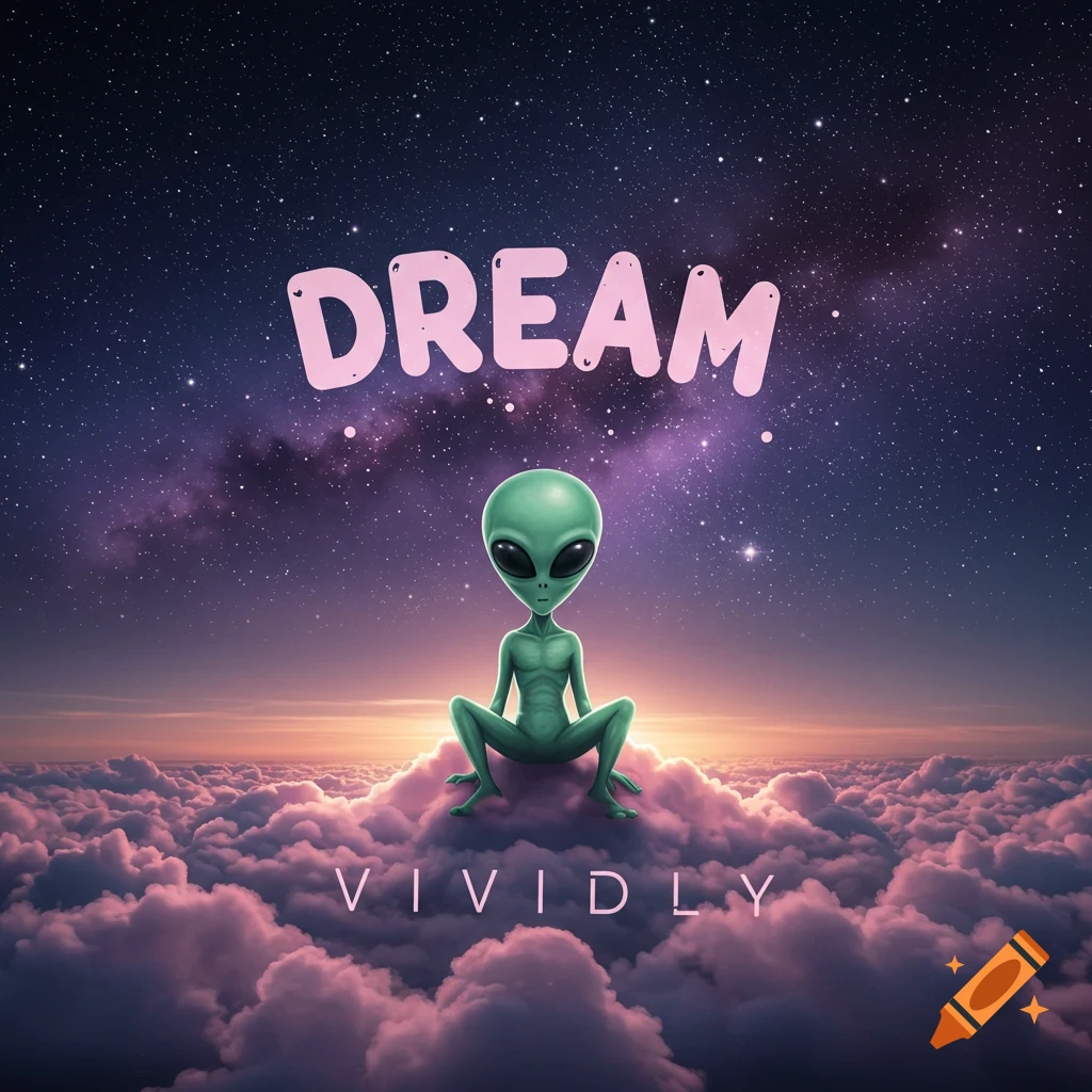 A green alien sits on pink and purple clouds under a starry galaxy sky with the words DREAM above and VIVIDLY below.