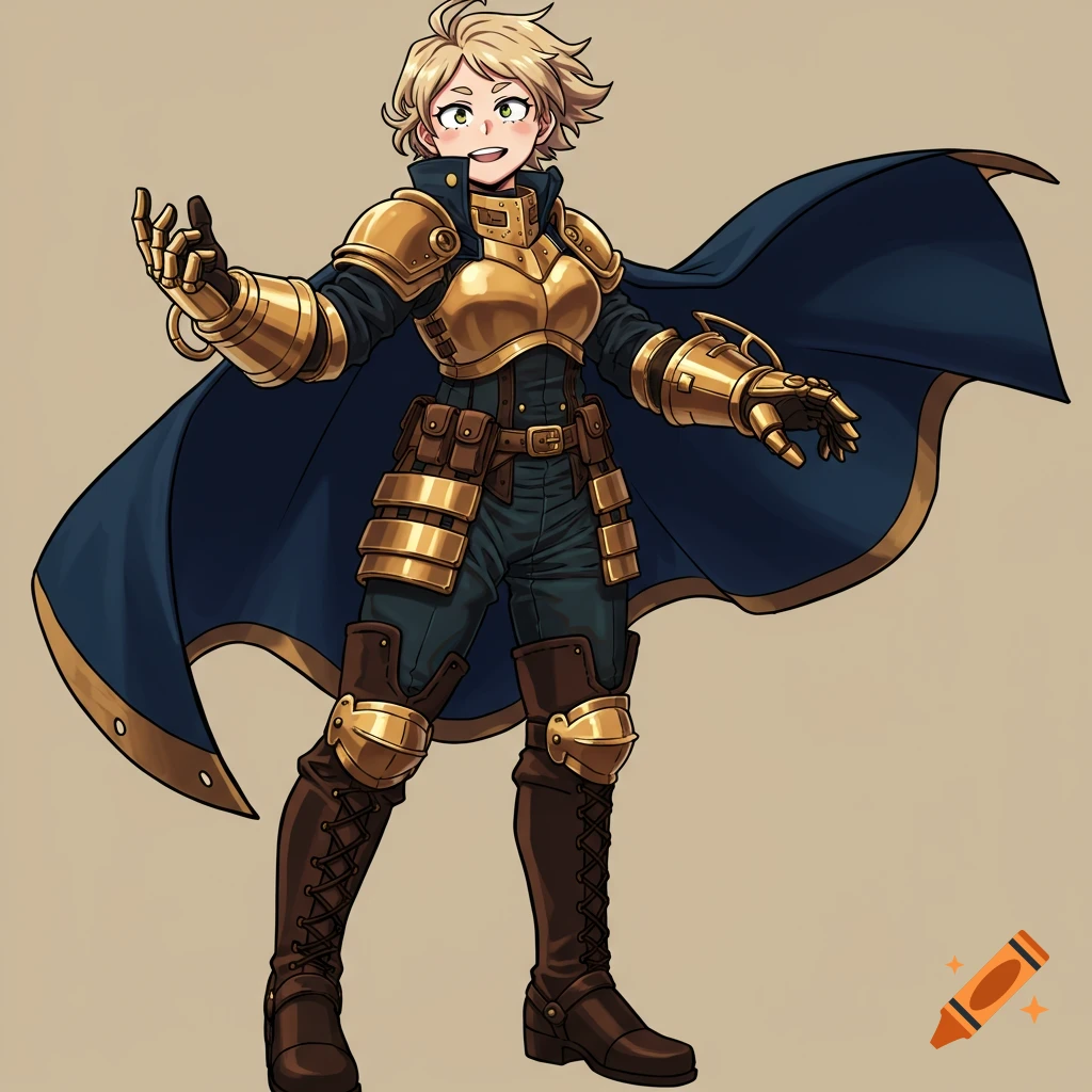 Anime girl in golden steampunk armor and blue cape