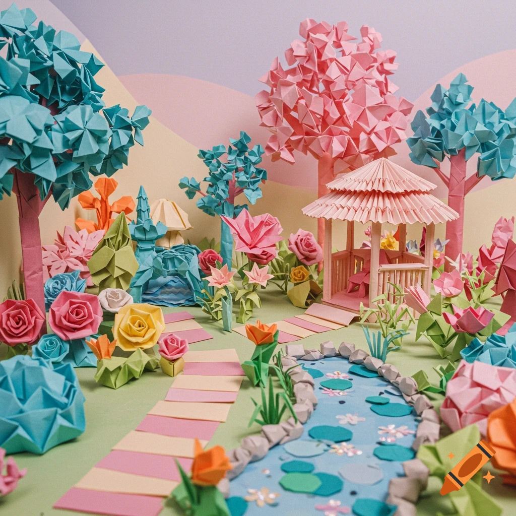 A colorful miniature garden scene made of origami paper, with trees, flowers, a gazebo, pond, and path.