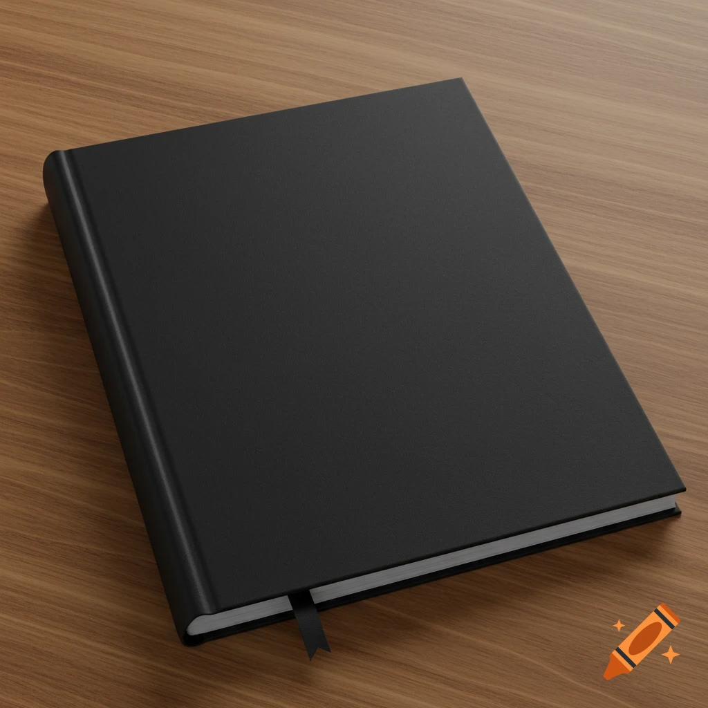 A blank black hardcover book on a wooden table.
