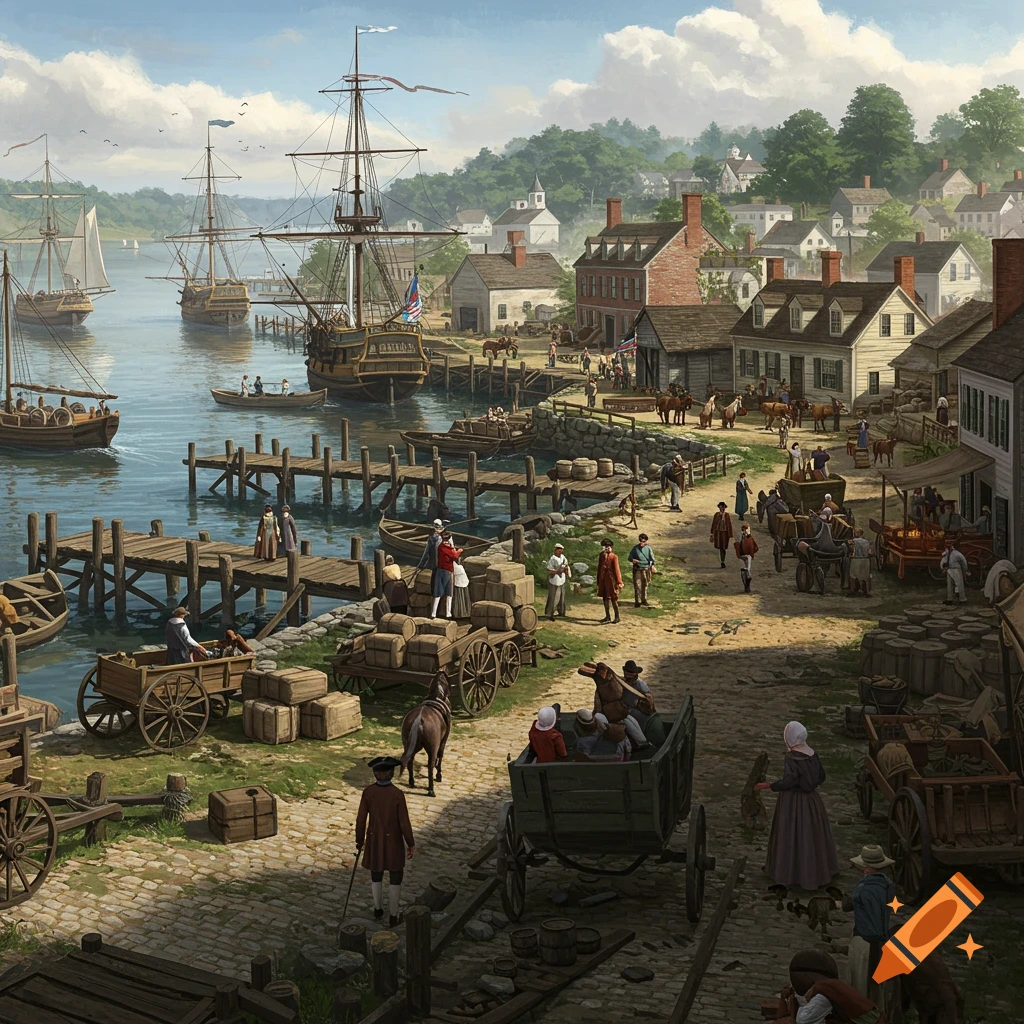 A bustling 18th-century port city teeming with ships, docks