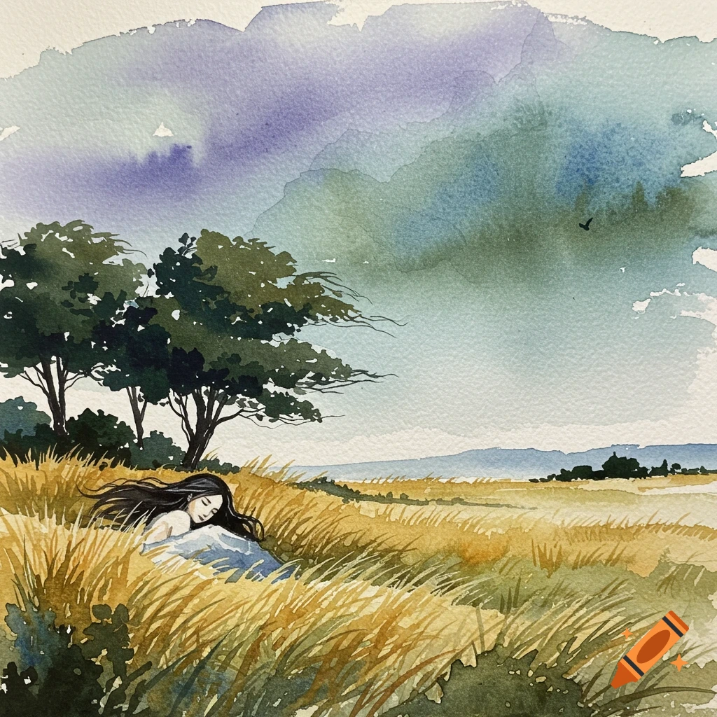 Watercolor painting of a person sleeping in tall grass in a windy landscape with trees and mountains in the distance.