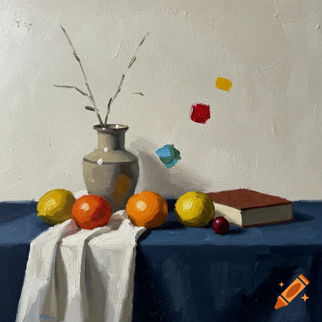 Still life oil painting of vase with branches, fruit, book, and abstract shapes on a blue tablecloth.