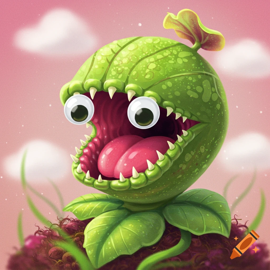 A cute cartoon venus flytrap monster with googly eyes and a wide open mouth, set against a pink sky.