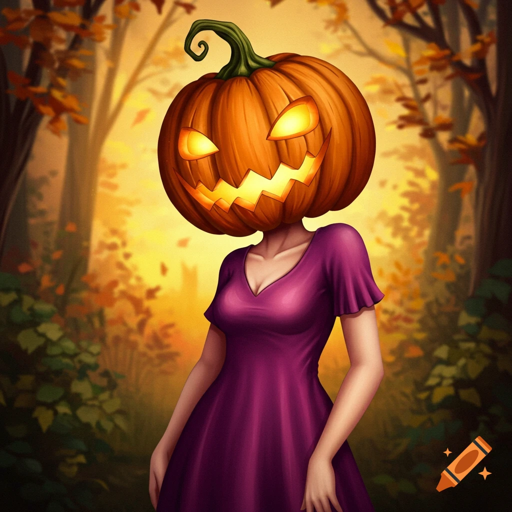 A woman with a pumpkin head and a purple dress stands in a fall forest.