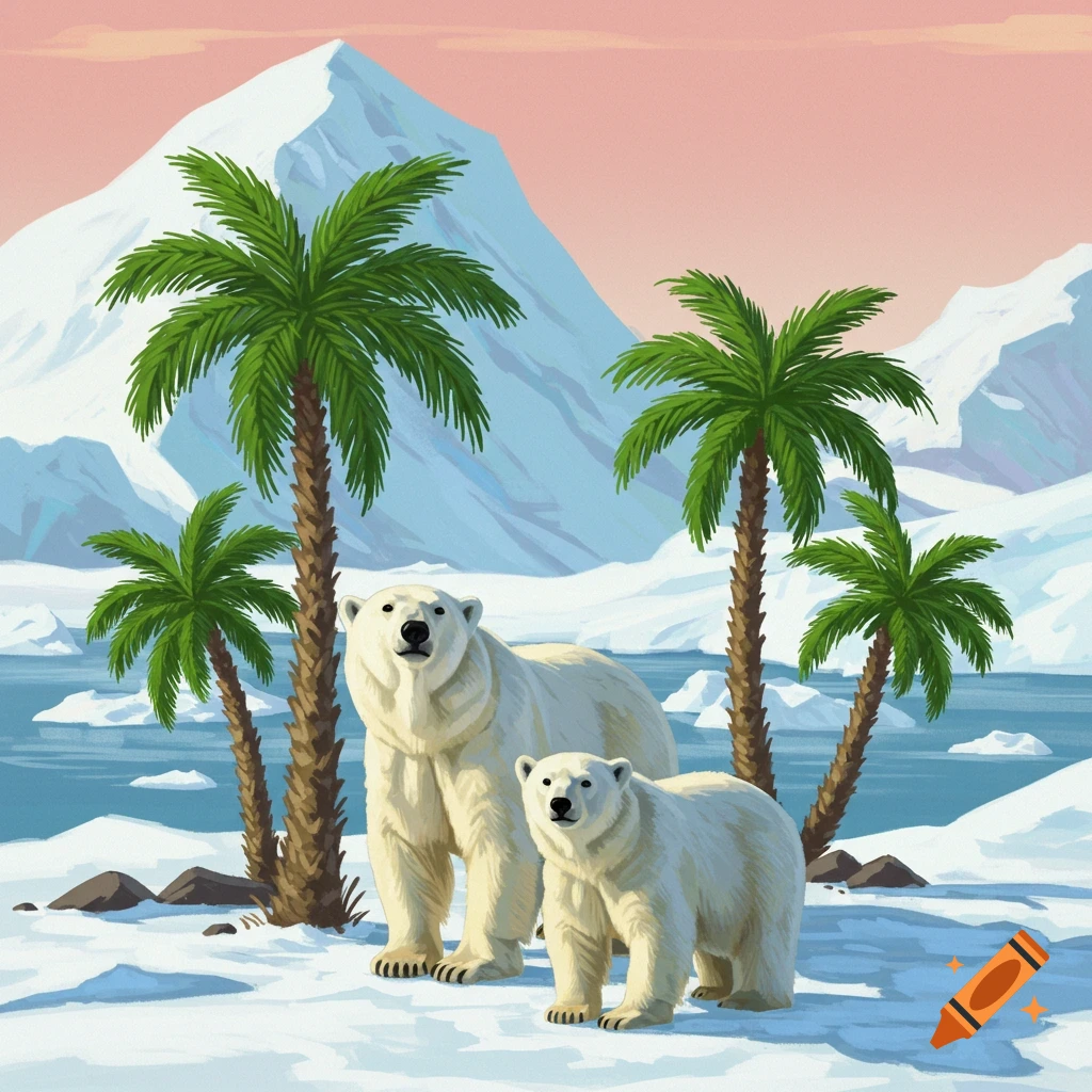 Two polar bears stand in the snow with palm trees and mountains.
