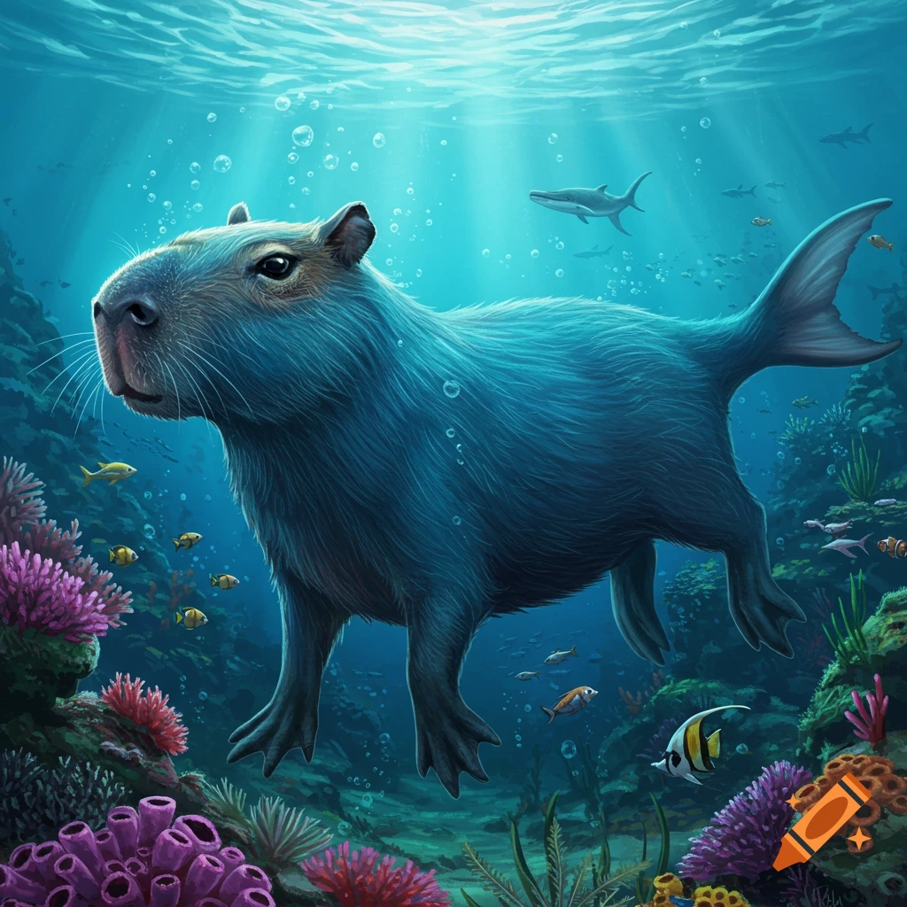A blue capybara with a fish tail is swimming in a coral reef with fish.