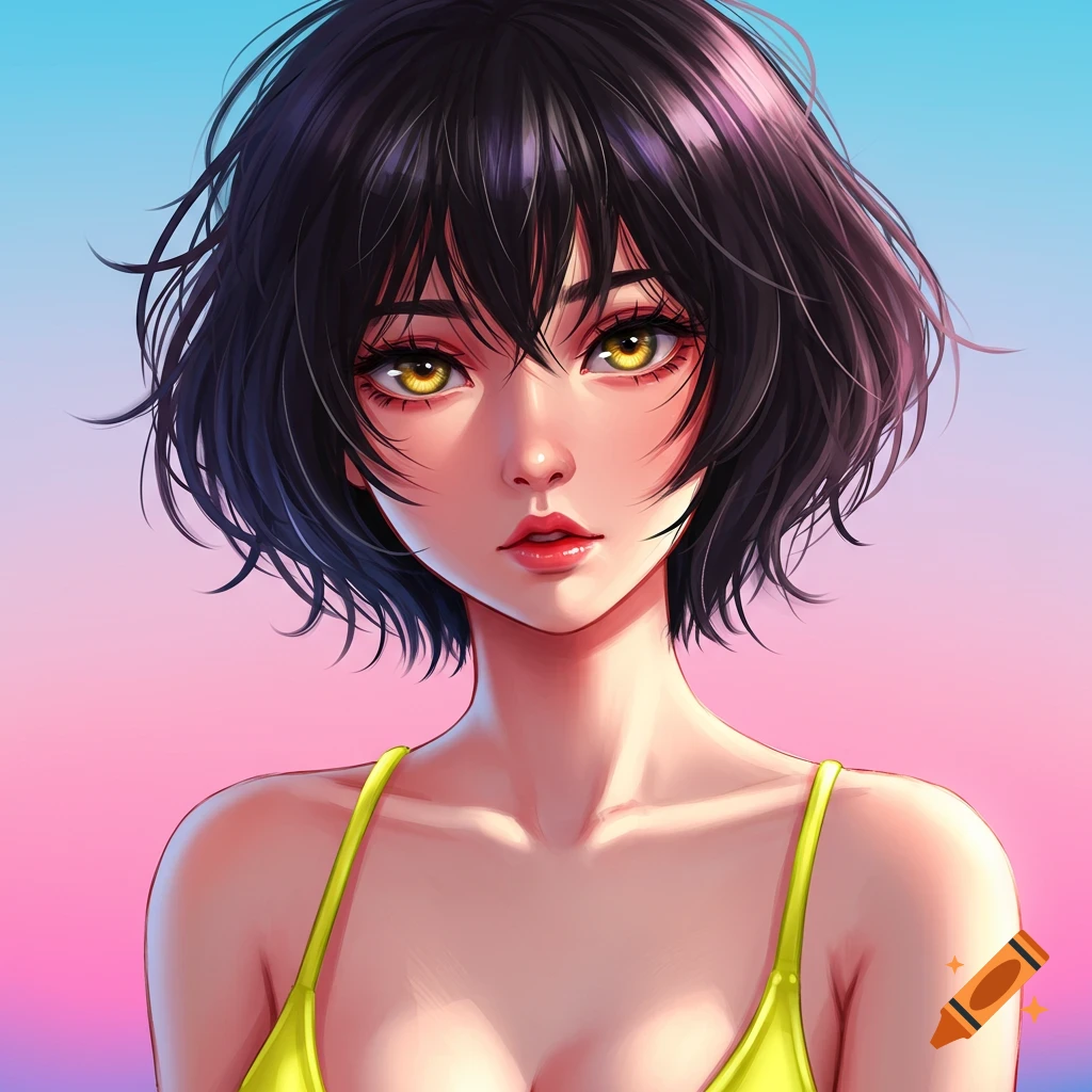 Anime portrait of a person with short black hair and golden eyes wearing a yellow top.