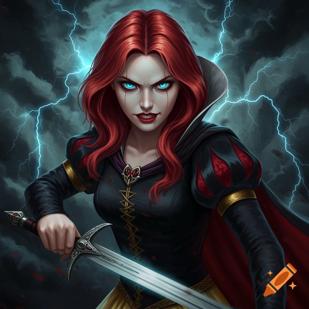 An illustration of an evil Snow White with red hair, blue eyes, wielding a sword under lightning.