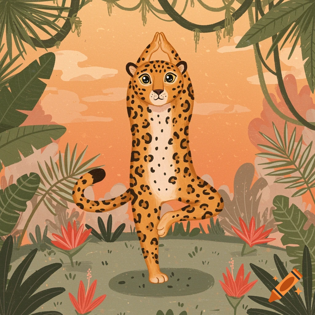 A whimsical illustration of a leopard doing a yoga pose in a lush jungle.