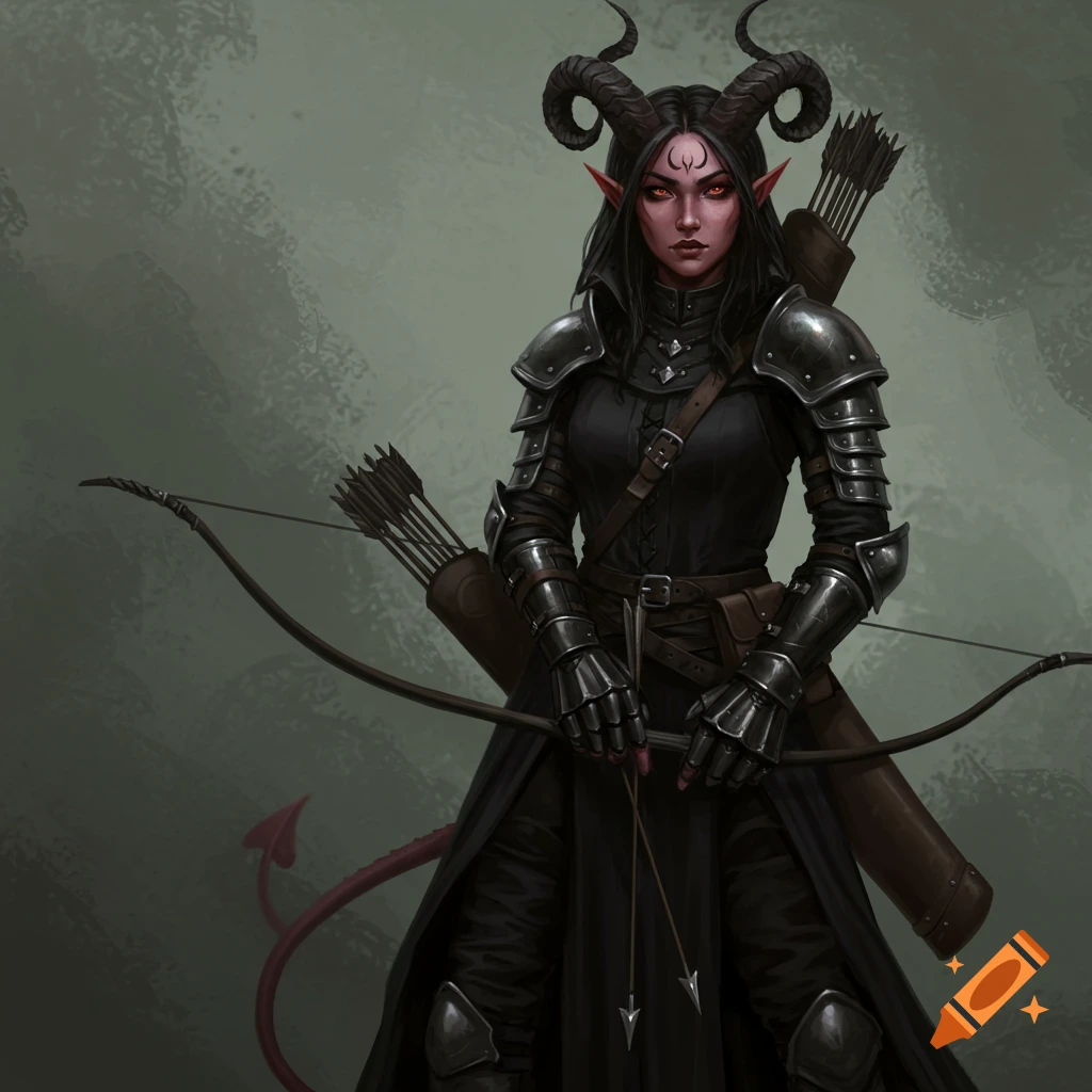 A female Tiefling warrior in black armor holding a bow and quiver.