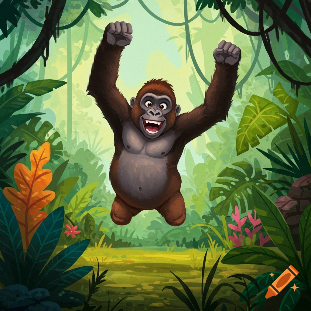 Cartoon gorilla jumping in a jungle clearing, arms raised in excitement.