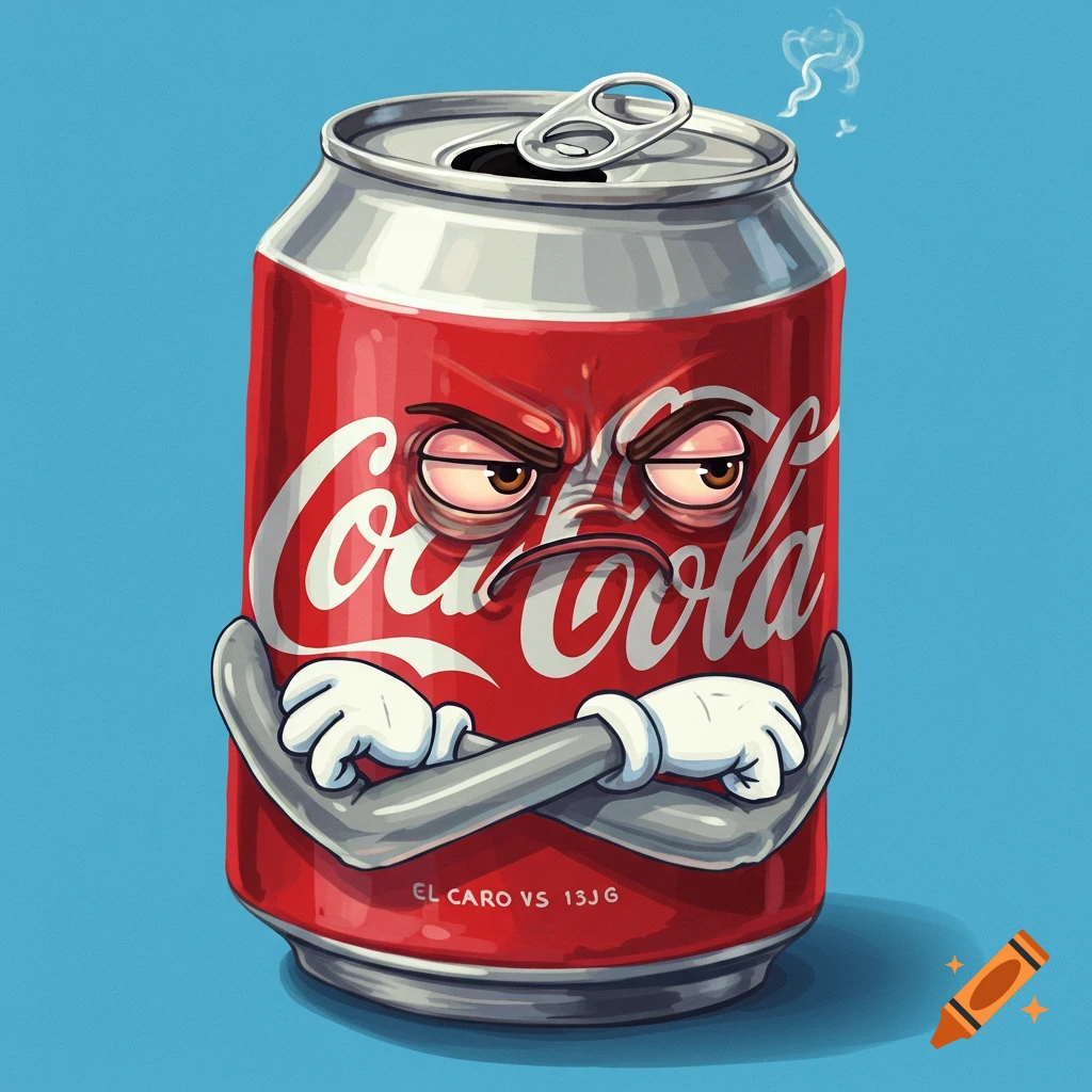 An angry Coca-Cola can with crossed arms.