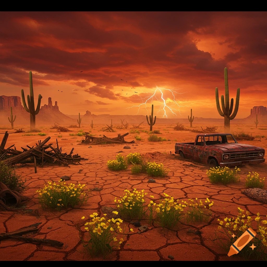 A post-apocalyptic Texan desert landscape with a rusty pickup truck under a stormy sky with lightning, cacti, and yellow flowers.