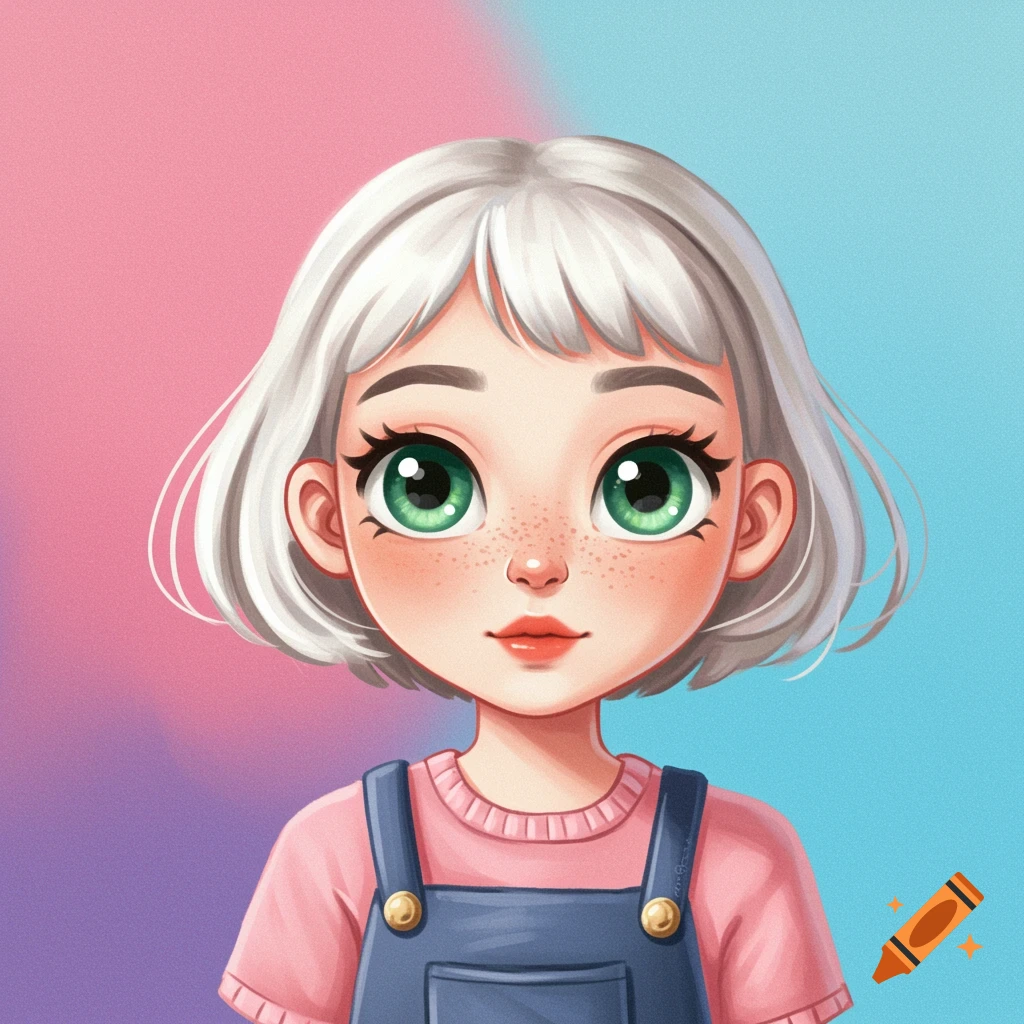 Cute cartoon portrait of a girl with white hair, green eyes, freckles, wearing a pink shirt and blue overalls, against a pink and blue background.