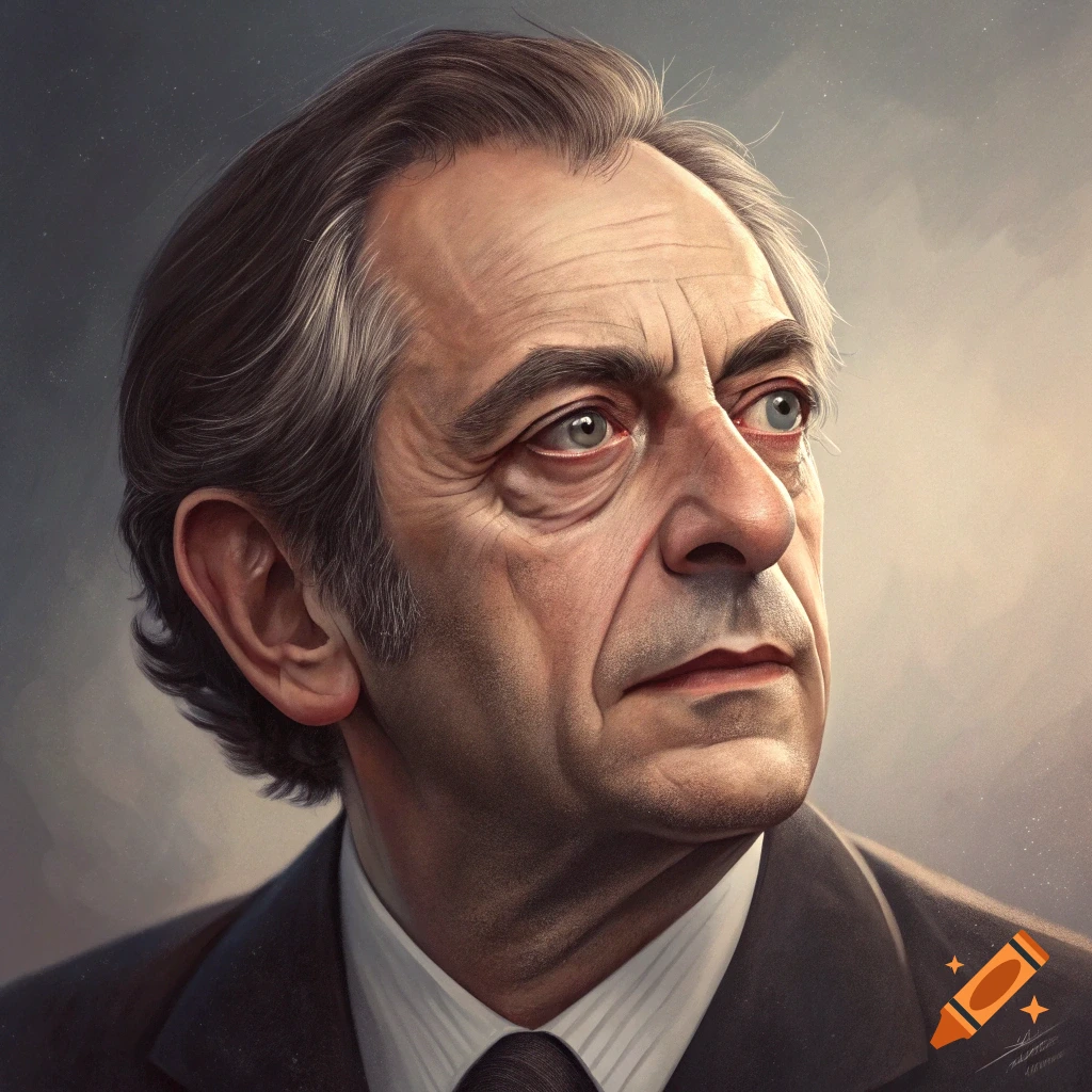 A realistic portrait of an older man in a suit looking to the side.