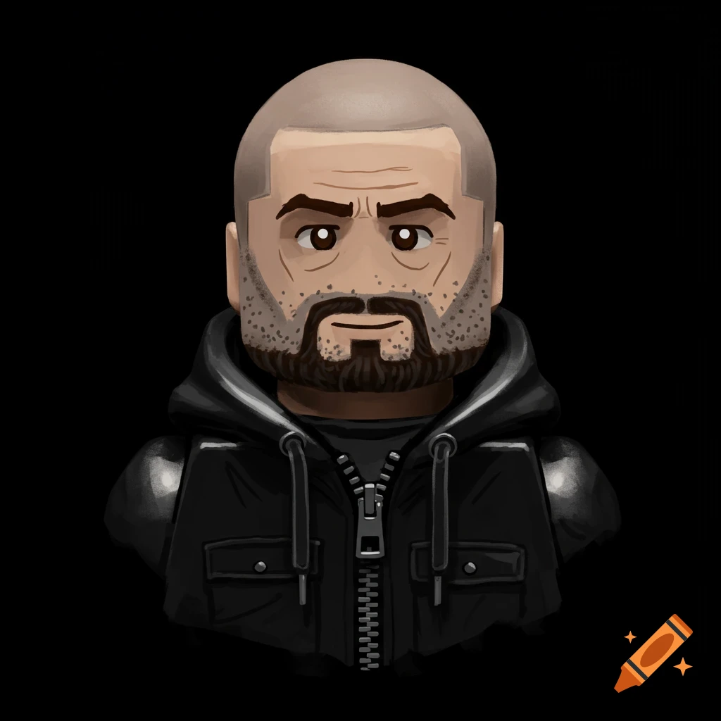 A Lego portrait of a man with a shaved head and beard wearing a black hoodie.
