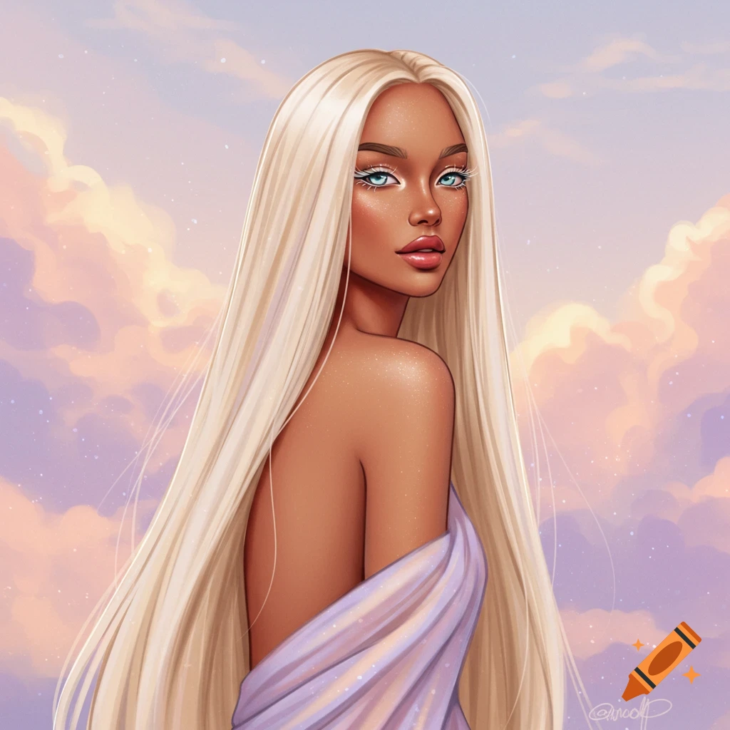 A woman with long blonde hair is looking over her shoulder against a cloudy sky.