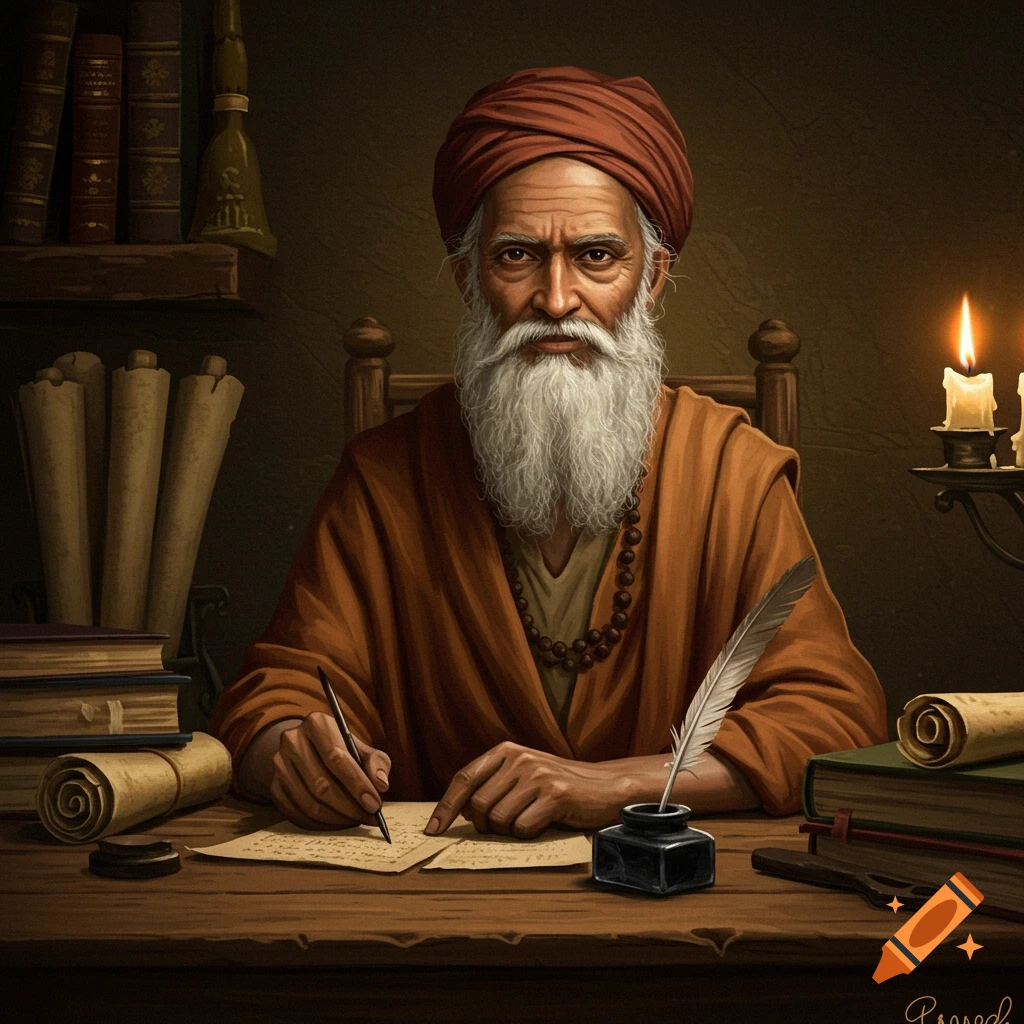 An old wise man with a long white beard writing at a desk with a feather quill, books, and scrolls.