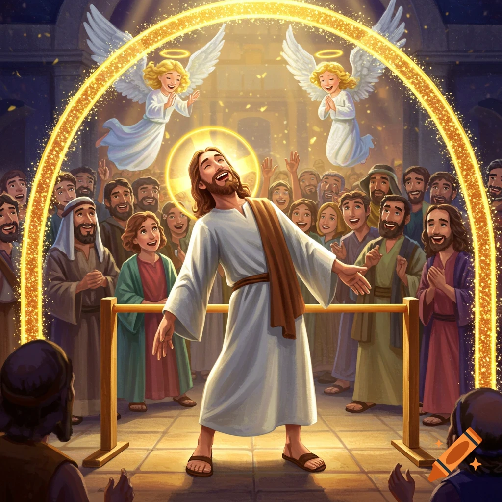 Jesus doing the limbo under a golden arch, surrounded by a cheering crowd and angels.