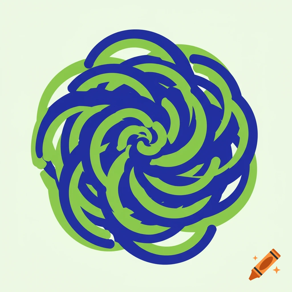 An abstract design of swirling blue and lime green shapes resembling spinning circles.