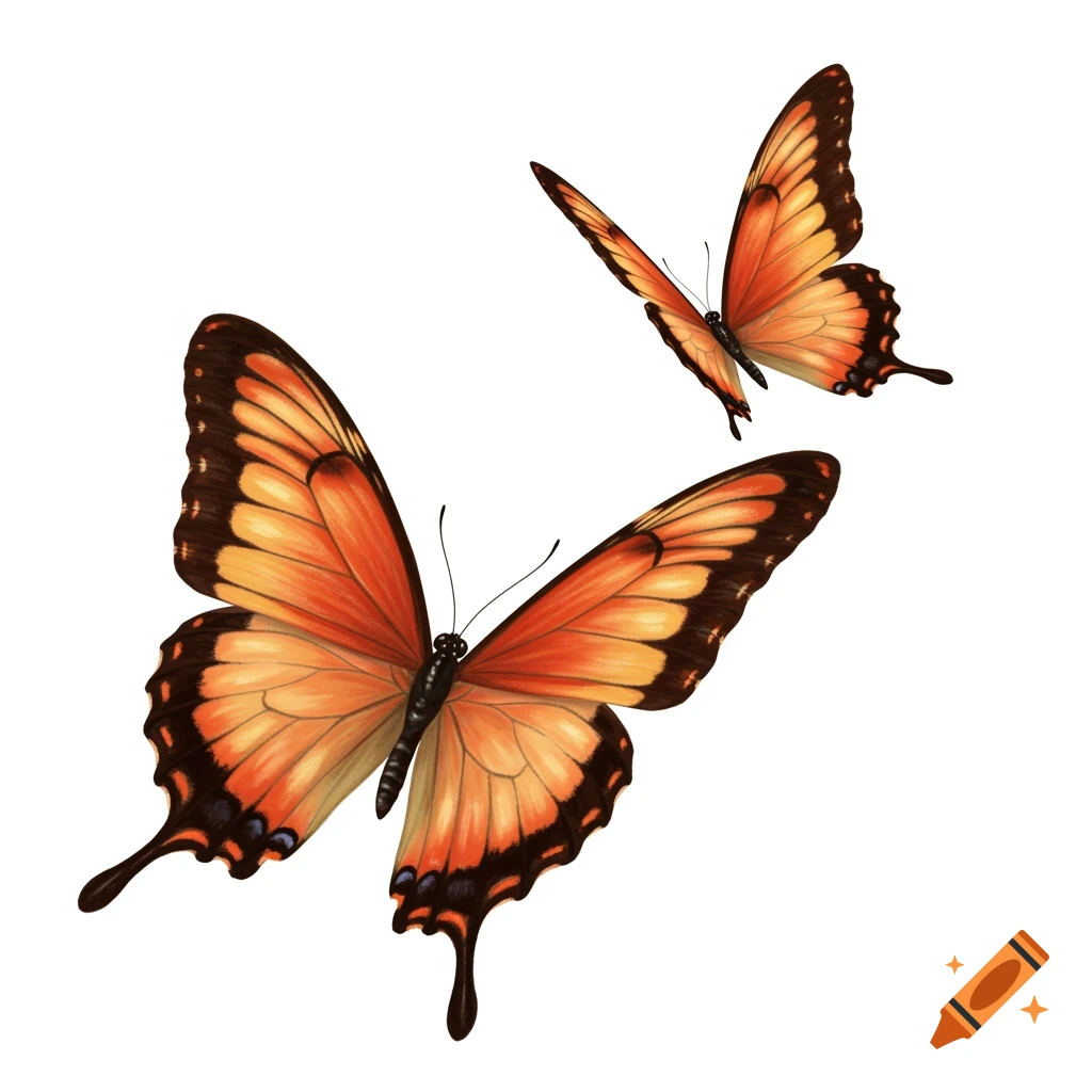 Two orange and black butterflies on a white background.