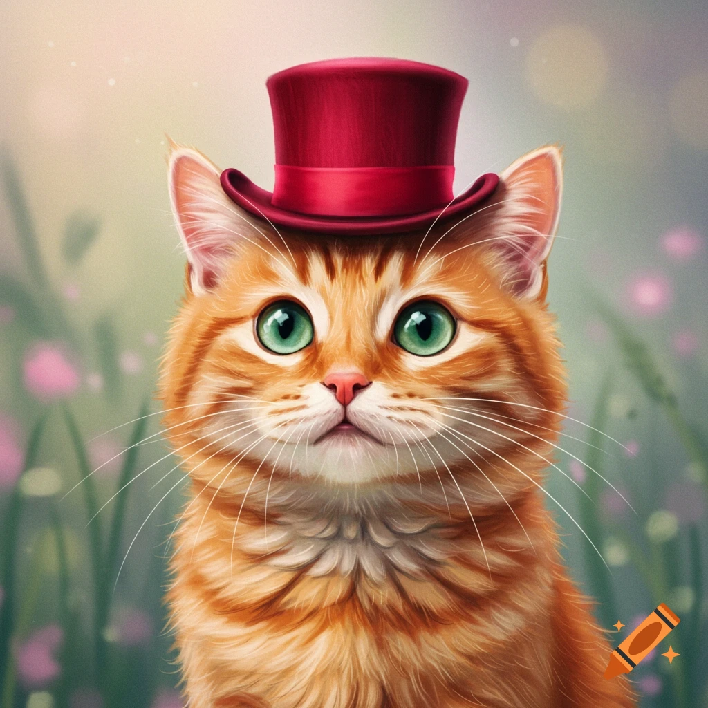 An orange tabby cat wearing a red top hat in a field of flowers.