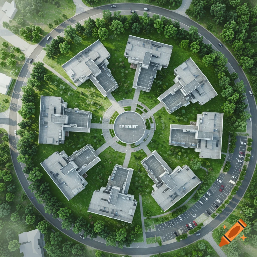 Aerial view of a modern circular building complex with radiating structures, surrounded by trees, roads, and parking areas.