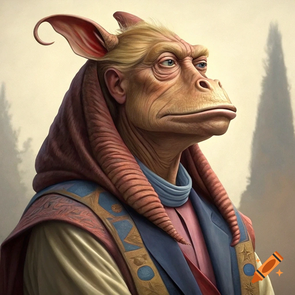 Portrait of a humanoid alien creature resembling a blend of Donald Trump and Jar Jar Binks, wearing ornate robes.