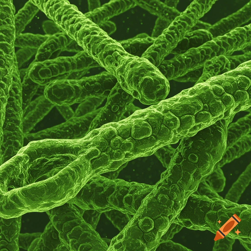 Close-up of intertwined green microscopic structures.