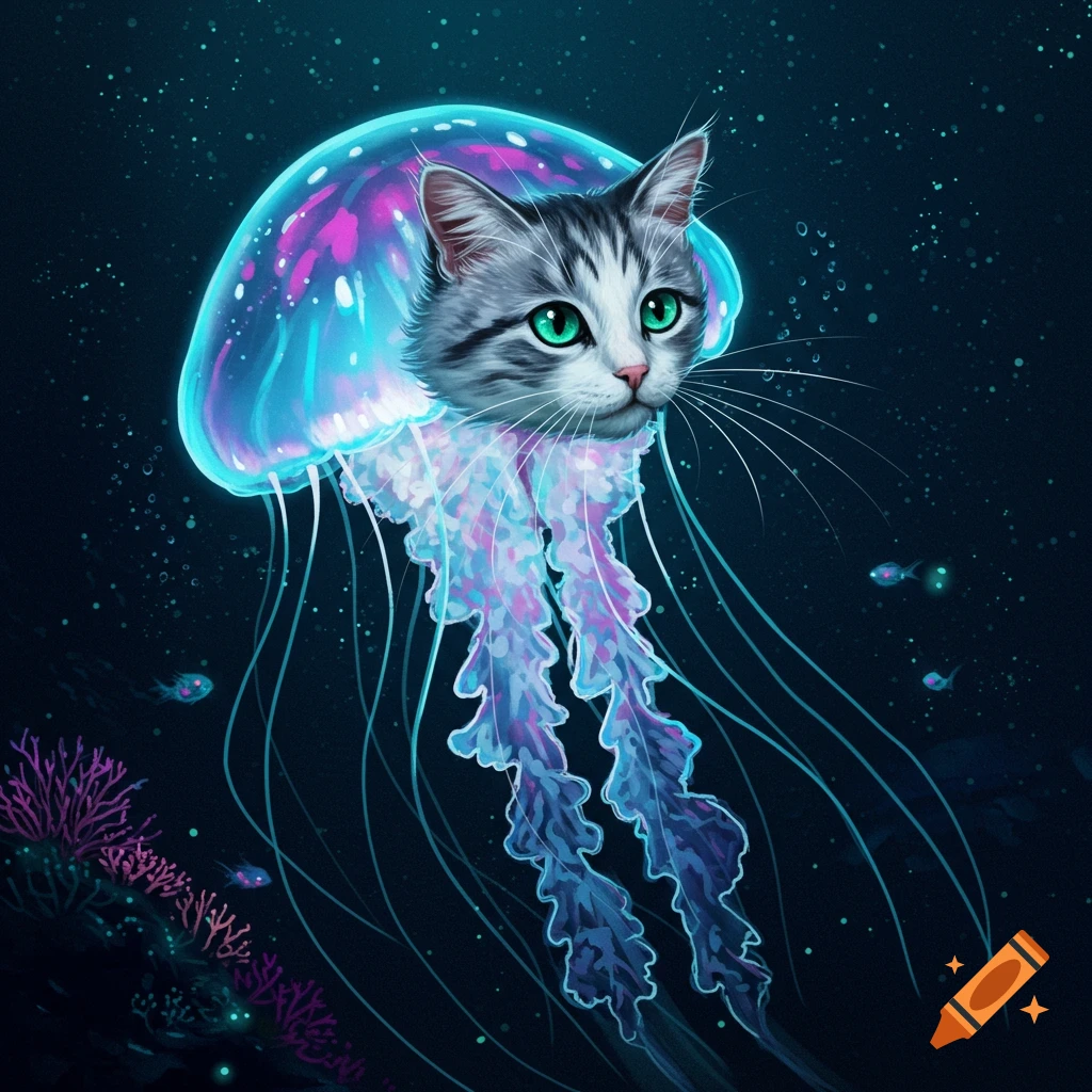 A cat head on a glowing jellyfish swimming underwater.