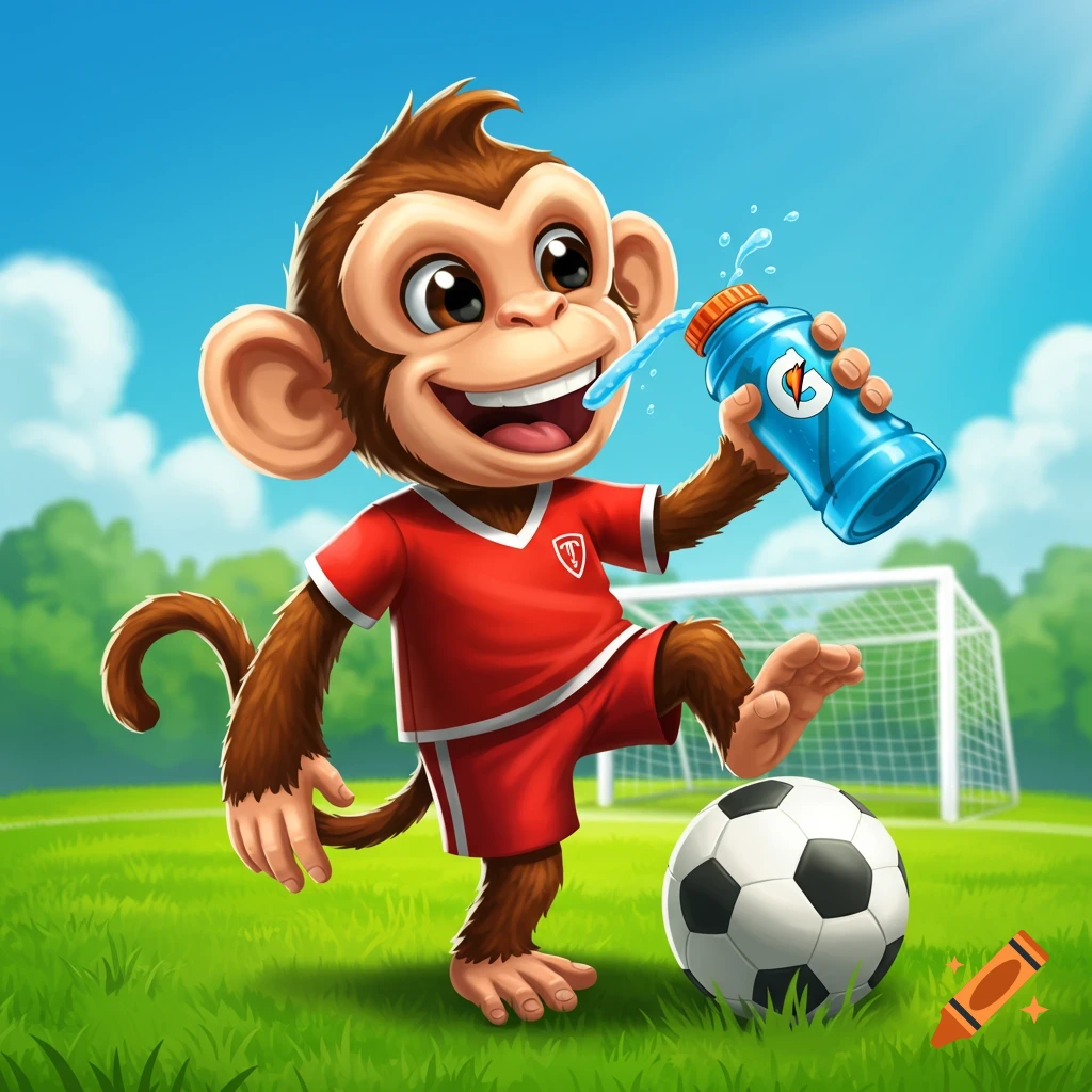 Cartoon monkey in red soccer uniform drinks from a bottle on a soccer field.