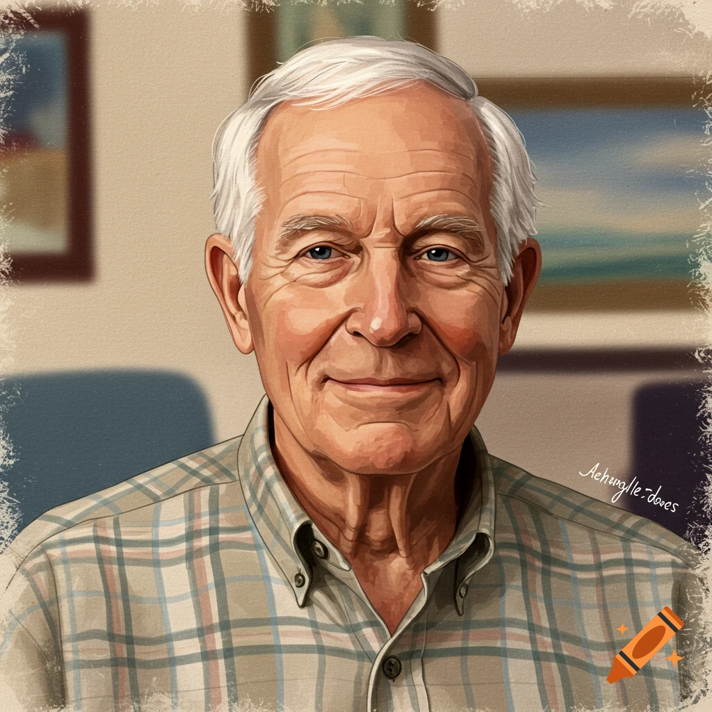 Portrait of an older man with white hair and a plaid shirt. on Craiyon