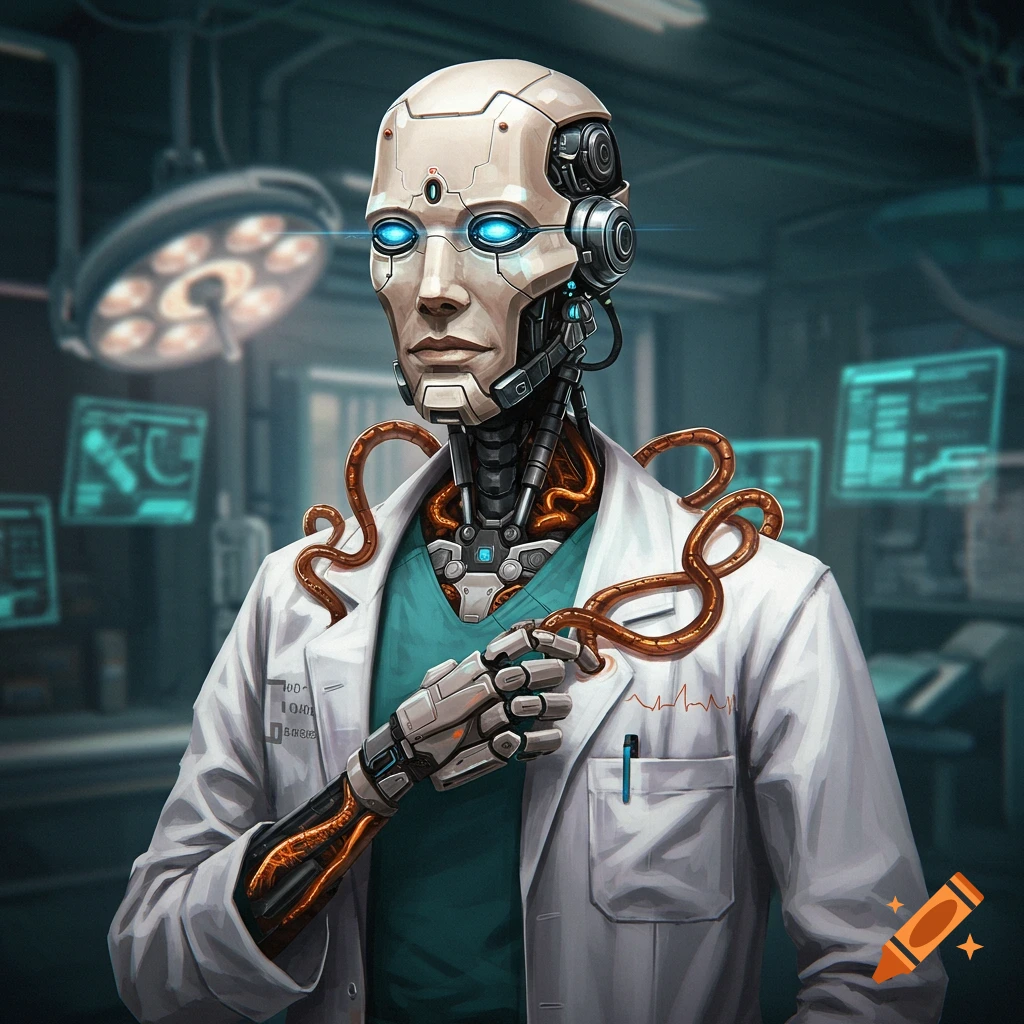 A robot doctor in a lab coat stands in a medical setting.