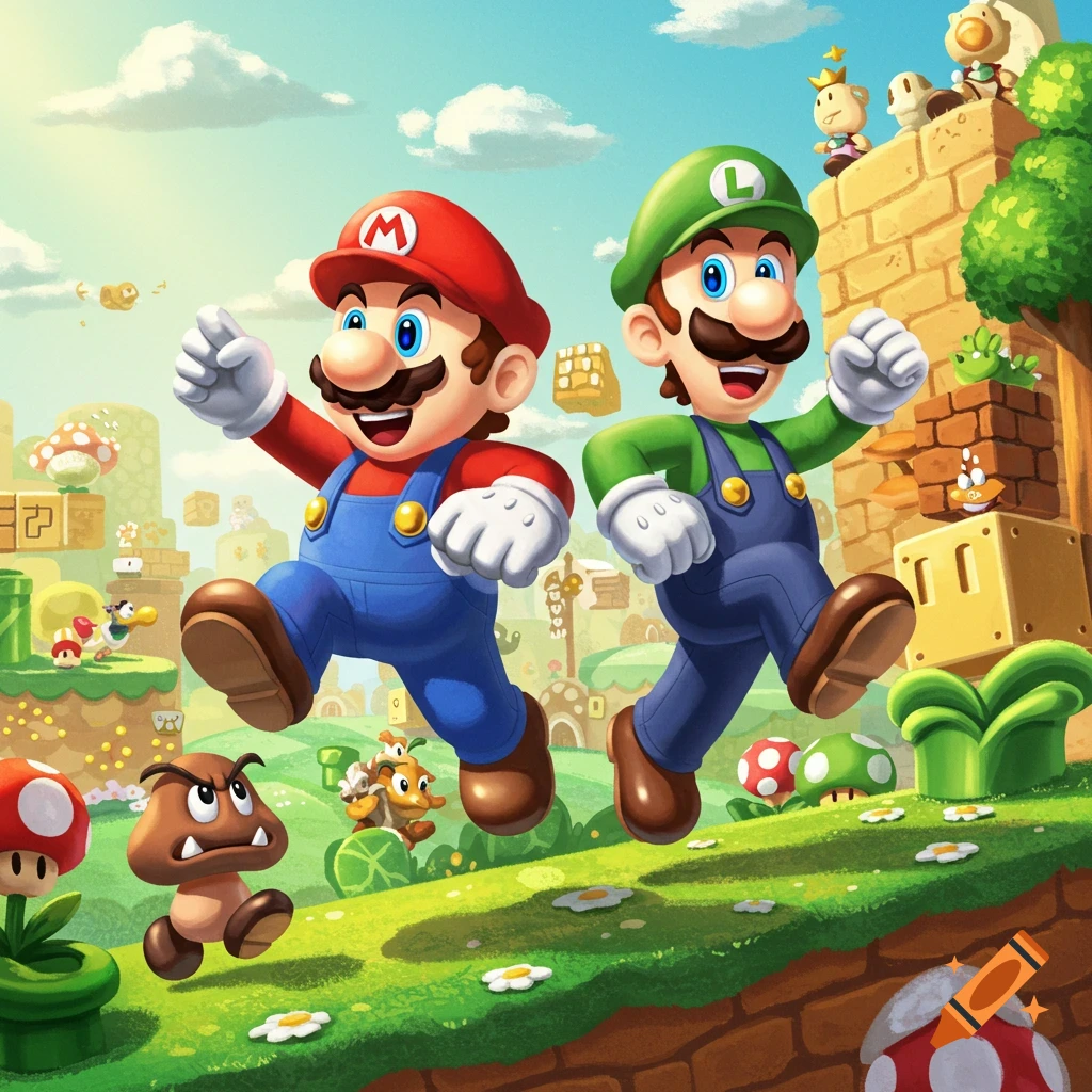Mario and Luigi running through a vibrant video game world landscape.