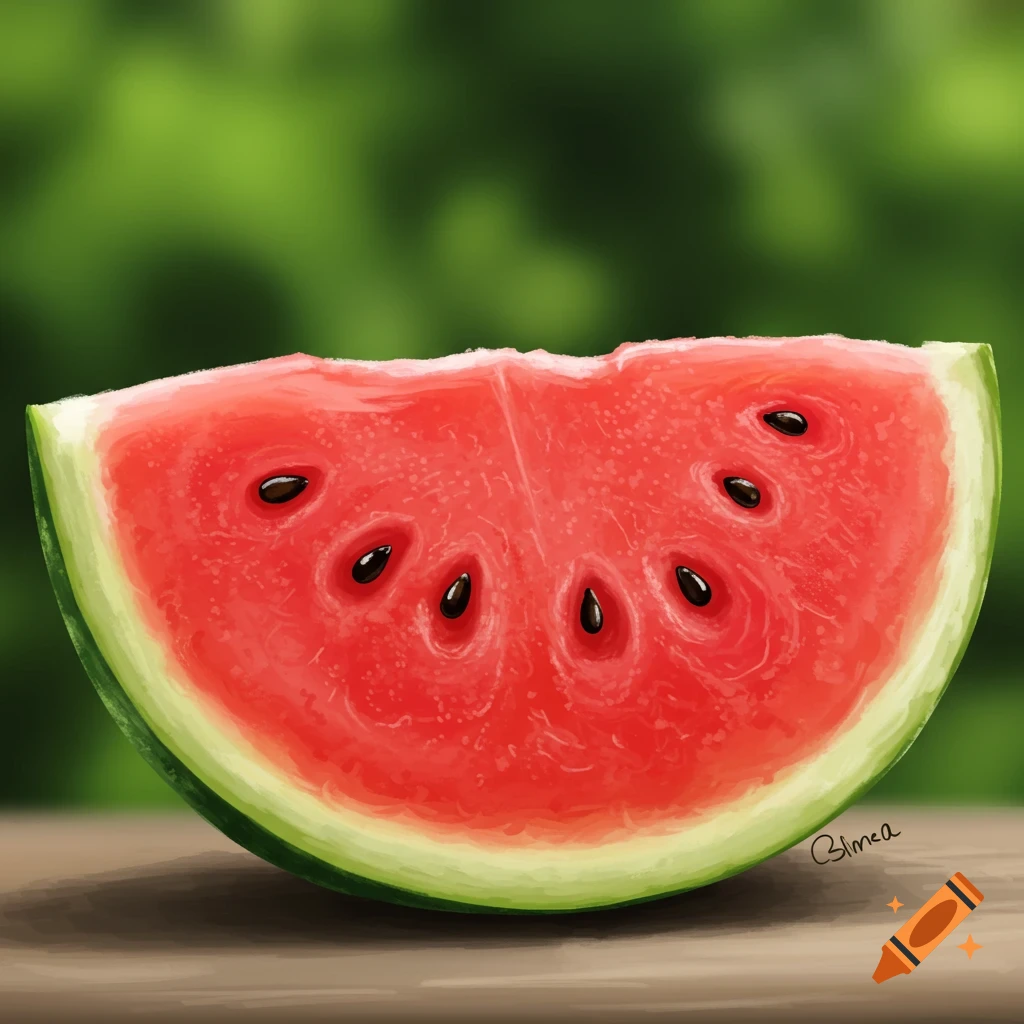 A slice of watermelon on a wooden table.