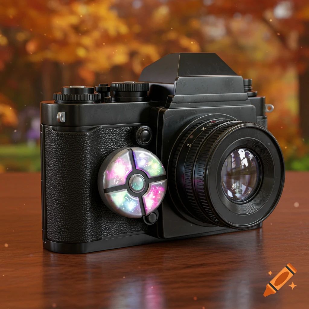 A black camera with a colorful circular Pokemon key stone attached, on a table with an autumn background.