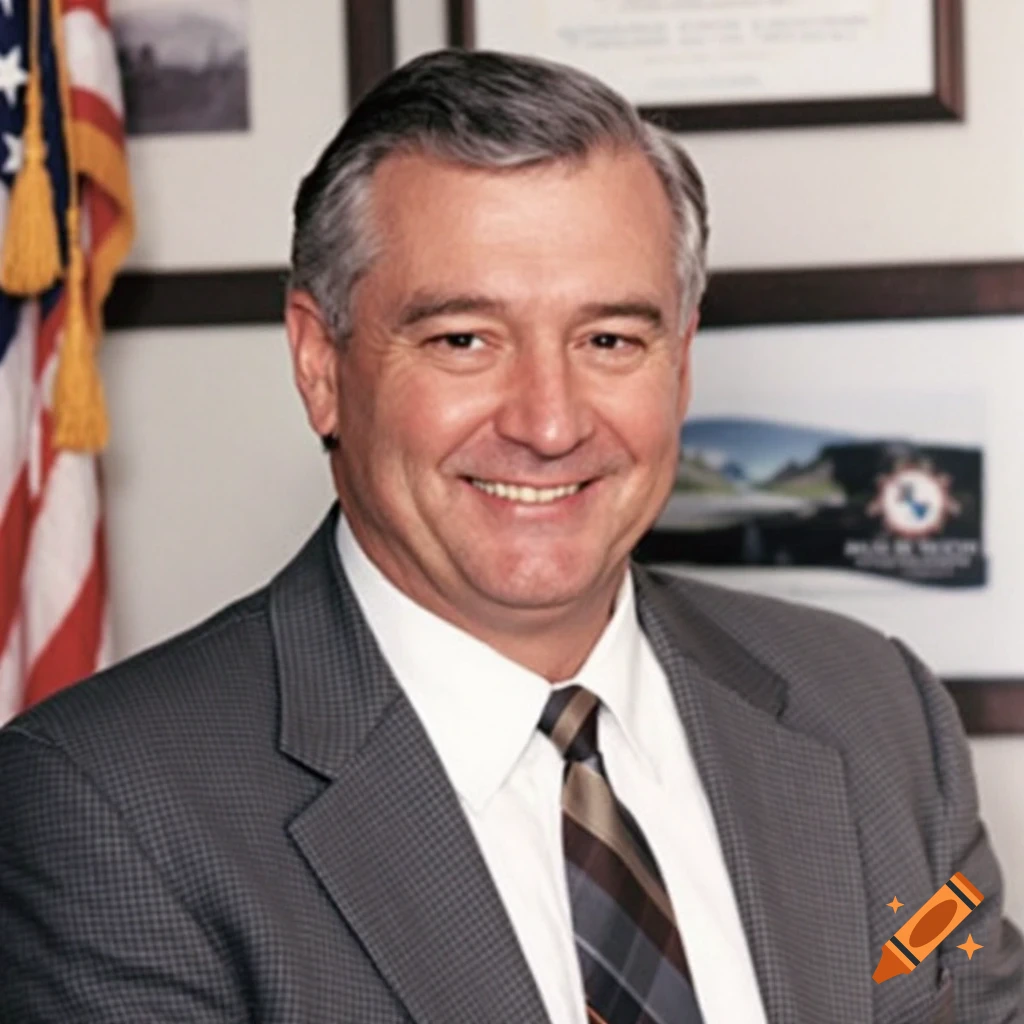 Portrait of a man in a suit smiling, with a flag and framed items behind him