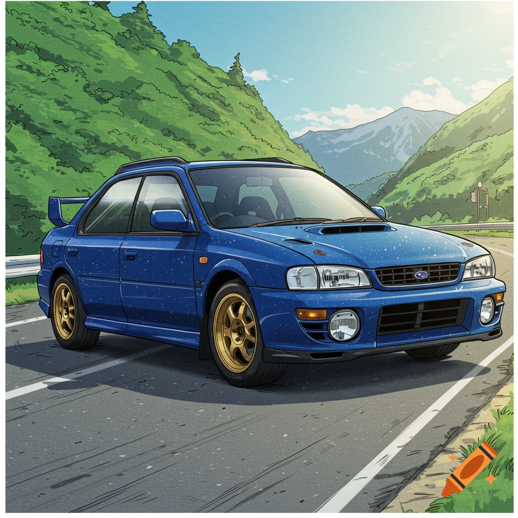 A blue Subaru Impreza drives on a mountain road.