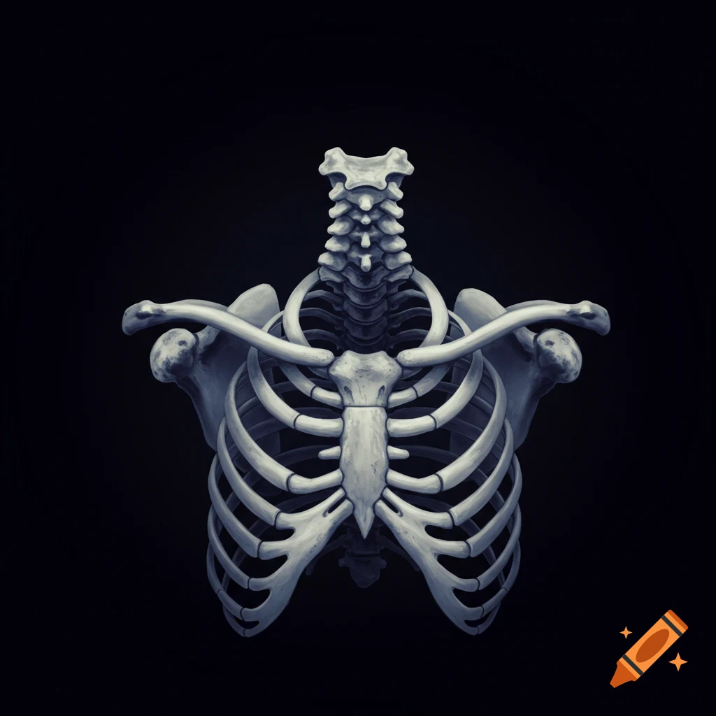 A skeleton's rib cage, clavicles, and neck vertebrae are visible against a dark background.