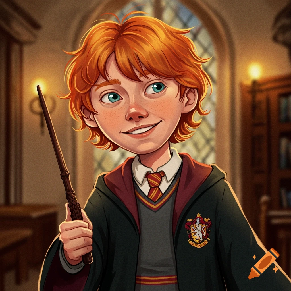 Cartoon illustration of a boy with red hair in wizard robes holding a wand.