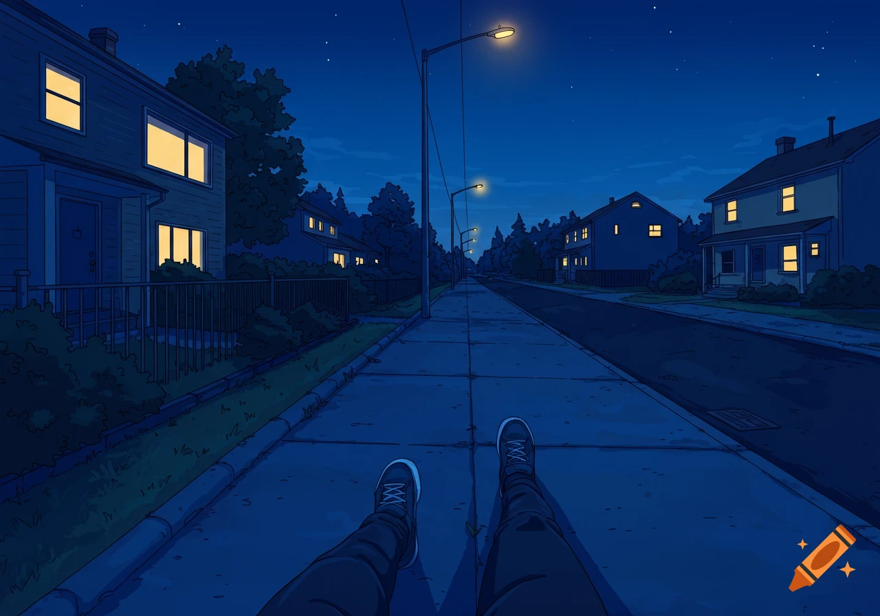 First-person view of legs on a sidewalk at night in a suburban neighborhood.