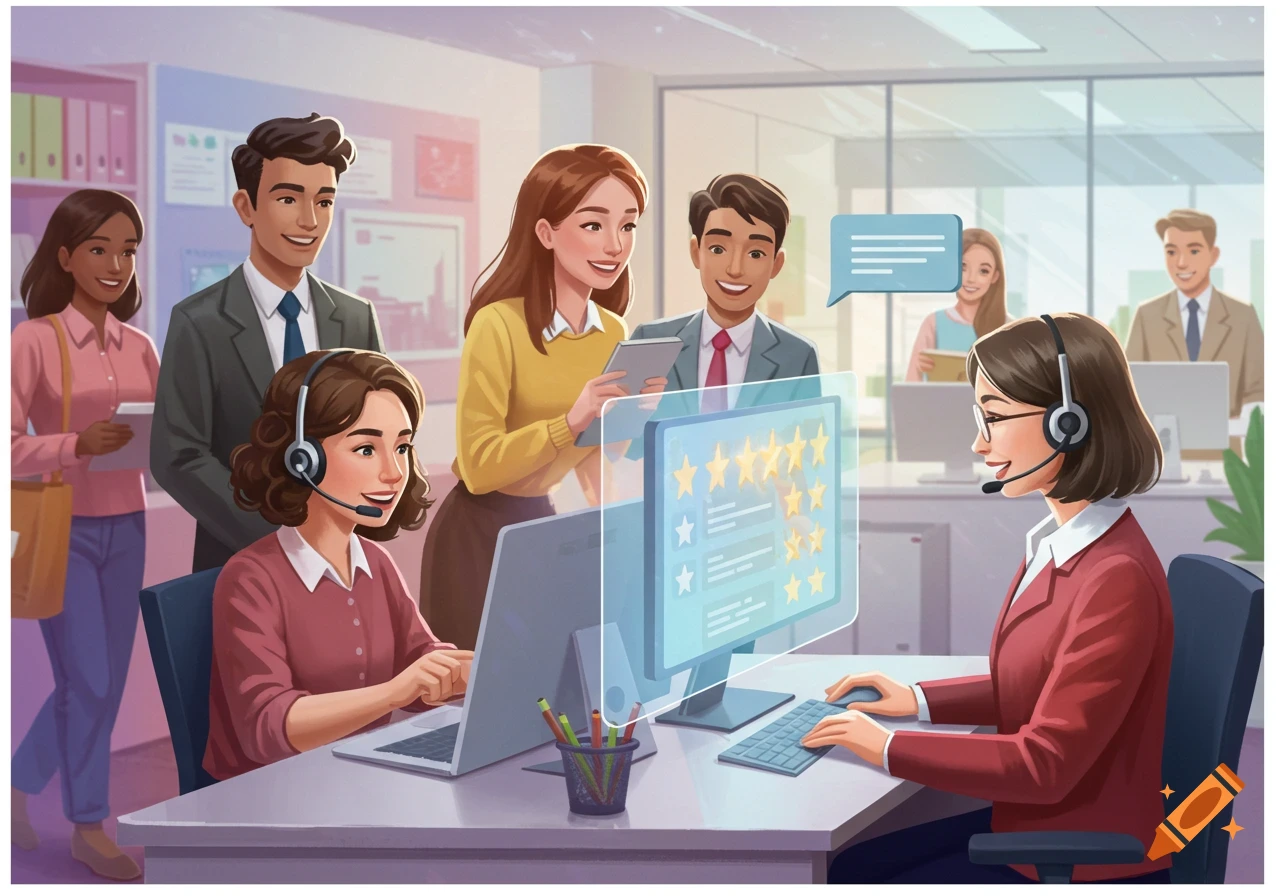 Image of people working in a customer service office with ratings displayed on a screen.