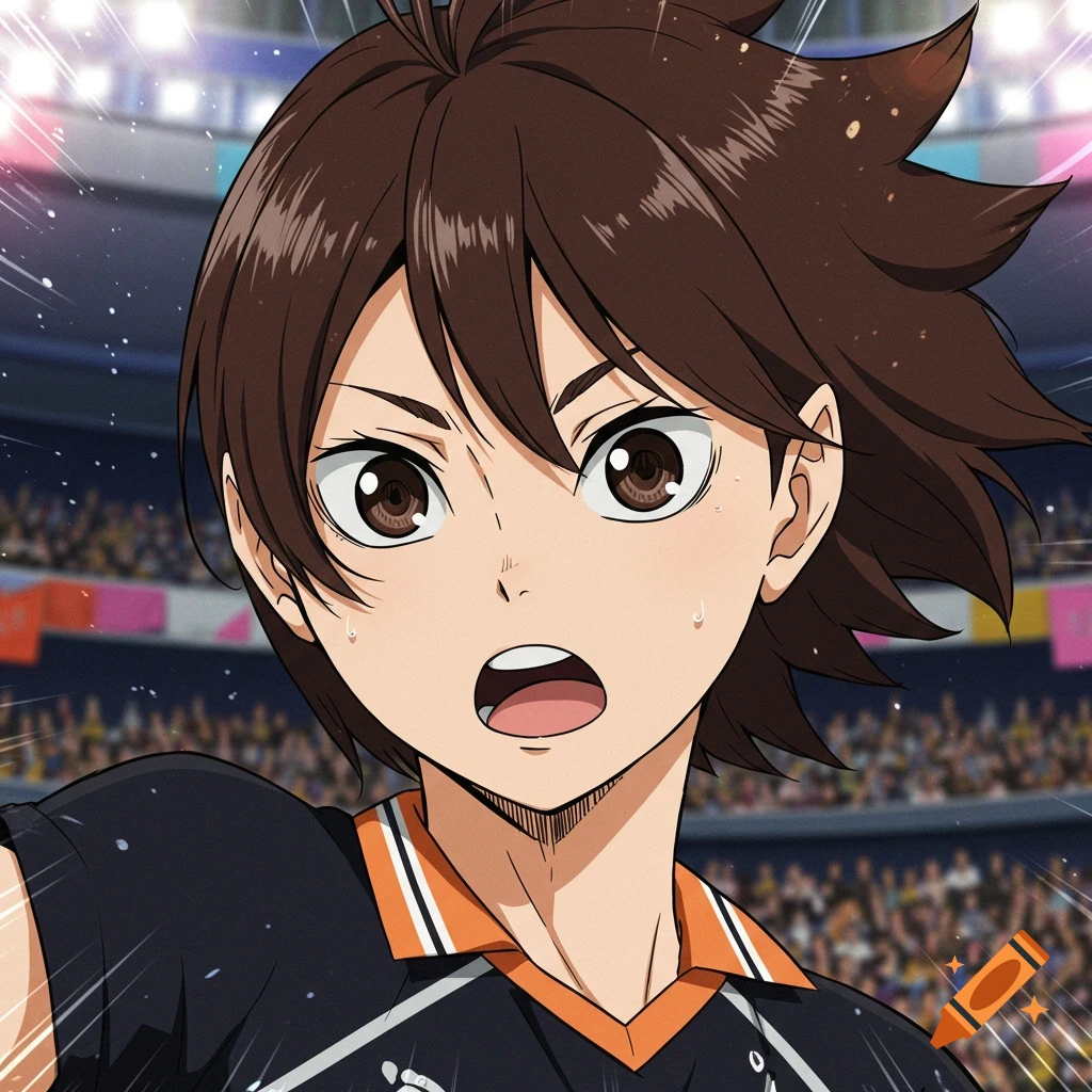 Anime-style close-up of a surprised person in a volleyball jersey in an arena.
