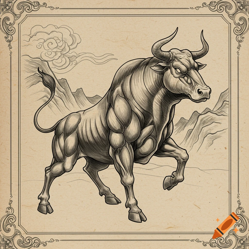 Black and white drawing of a muscular bull standing in a landscape with mountains and clouds, framed by a decorative border.